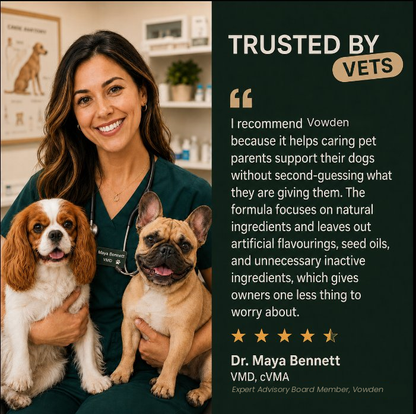 Recommendation Dr. Maya Bennett recommends Vowden Daily Comfort Protection System to support daily dog wellness and long-term comfort

